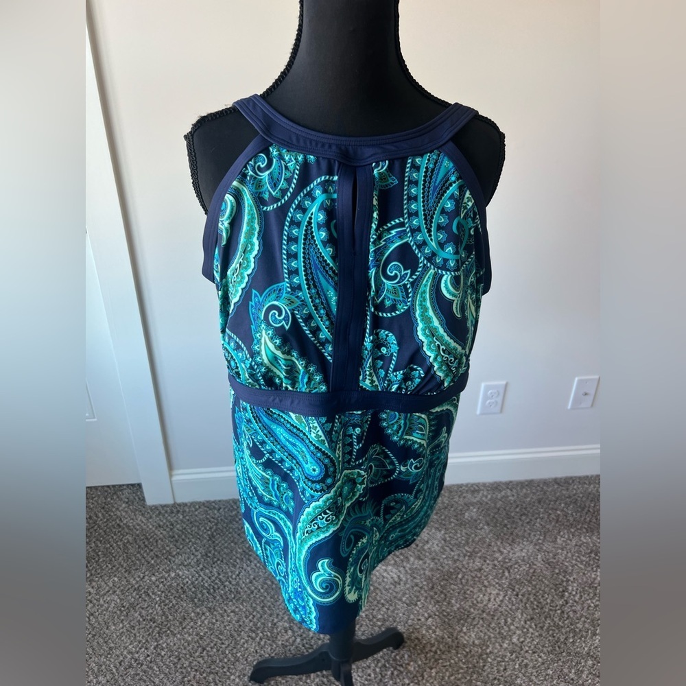 Lands' End blue and turquoise paisley tankini top halter neck Size 16 DDD